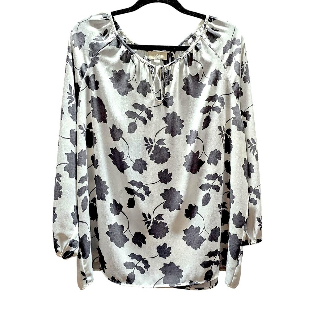LOFT Floral Peasant Blouse White Long-Sleeved Gray Floral Pattern Tie Neck